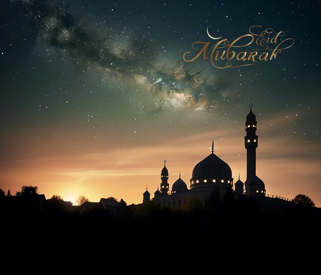 Tarjeta de felicitación de Eid Mubarak Paisaje con cúpula de mezquitas en el cielo nocturno crepuscularIA generativa