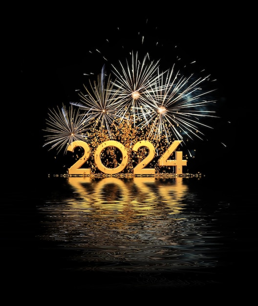 Tarjeta de felicitación de feliz año nuevo 2024 con confeti y fuegos artificiales