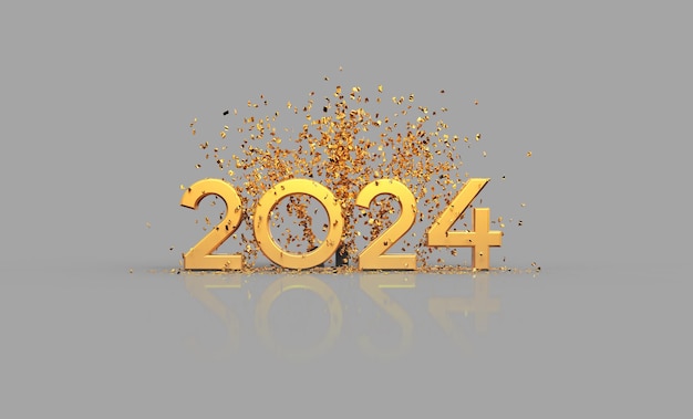 Tarjeta de felicitación de feliz año nuevo 2024 con confeti y fuegos artificiales