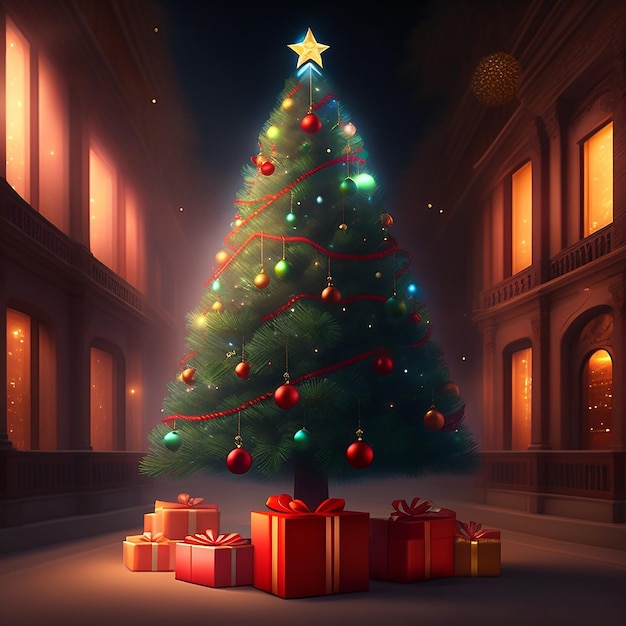 Tarjeta de felicitación de feliz navidad y feliz año nuevo con árbol de navidad y caja de regalo Ai generado