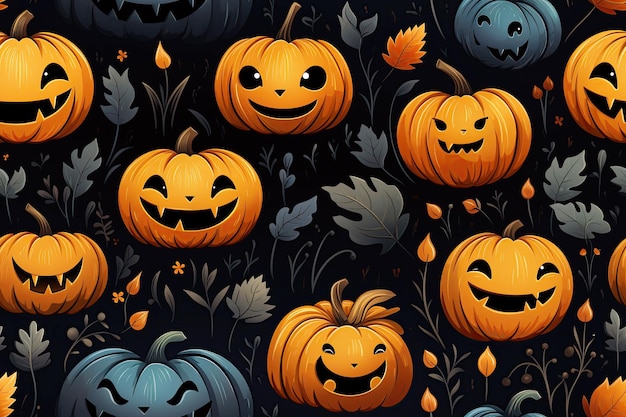 Tarjeta de felicitación festiva de Halloween con un grupo de calabazas aterradoras en la noche Adorno de textura sin costuras