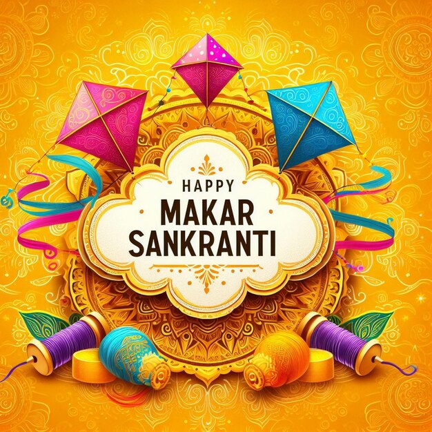 Una tarjeta de felicitación festiva de Makar Sankranti con cometas de colores