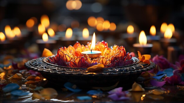 Tarjeta de felicitación del festival de Diwali con coloridos rangoli y lámpara diya hermosamente hecha con