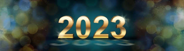 Tarjeta de felicitación de fondo de año nuevo 2023 Banner de año nuevo para el encabezado del sitio Números dorados 2023 en el centro del banner de felicitación y reflejos borrosos en el borde