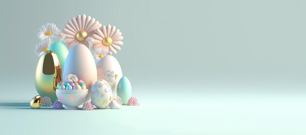 Tarjeta de felicitación de fondo de celebración de Pascua con huevos 3D y flores con espacio de copia