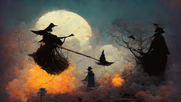 Tarjeta de felicitación de Halloween con brujas volando en una escoba, árboles misteriosos, luna llena oscura y aterradora