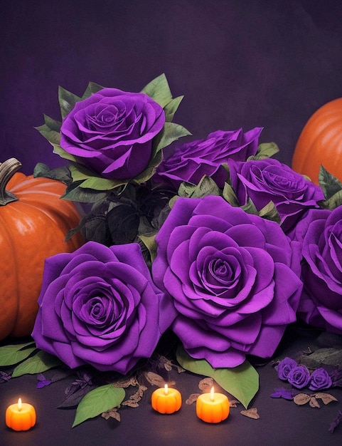 tarjeta de felicitación de halloween con calabazas y rosas