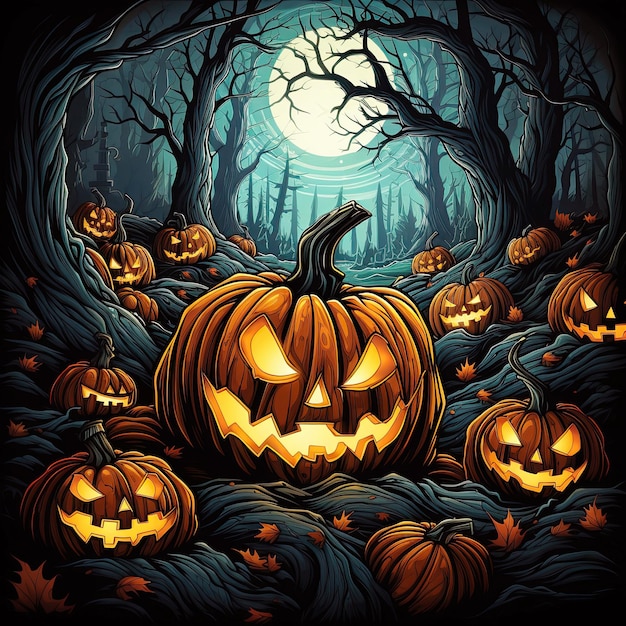 Tarjeta de felicitación de Halloween con un grupo de aterradoras calabazas en el bosque por la noche