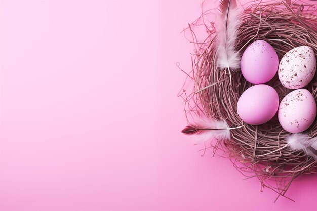 Foto tarjeta de felicitación con huevos pintados en pastel en nido de pájaro en fondo rosa brillante textura de tabla de fondo