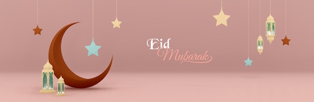 Foto tarjeta de felicitación de imagen de render 3d estilo islámico para eid mubarak eid aladha con lámpara árabe, estrellas de luna y frase de eid mubarak