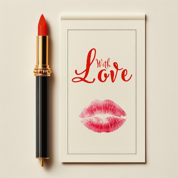 Foto tarjeta de felicitación con impresión de labios rojos en papel y lápiz labial rojo