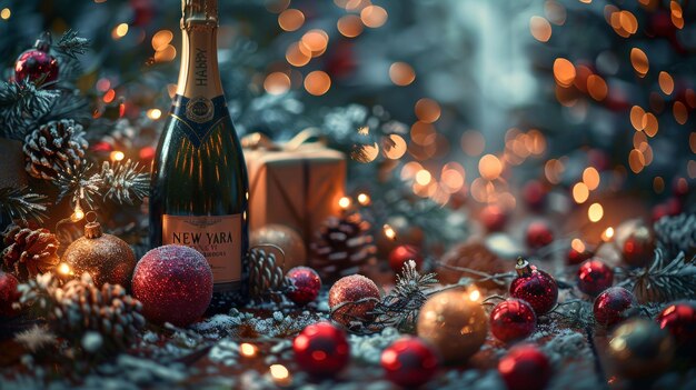 Tarjeta de felicitación con luces brillantes regalos champaña y feliz año nuevo 2024 fondo