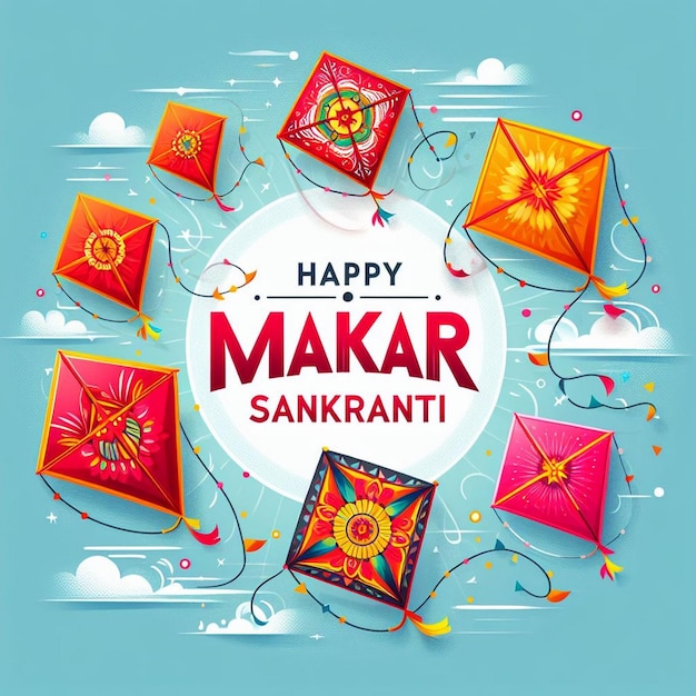 Tarjeta de felicitación de Makar Sankranti volando cometas en el Makar Sankranti