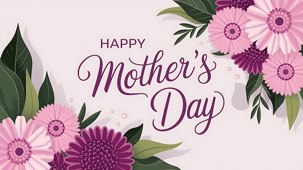 Tarjeta de felicitación minimalista para el Día de la Madre con flores pastel, hojas verdes y un elegante guión púrpura
