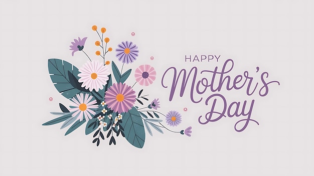 Tarjeta de felicitación minimalista para el Día de la Madre con flores pastel, hojas verdes y un elegante guión púrpura
