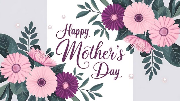 Tarjeta de felicitación minimalista para el Día de la Madre con flores pastel, hojas verdes y un elegante guión púrpura