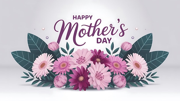 Tarjeta de felicitación minimalista para el Día de la Madre con flores pastel, hojas verdes y un elegante guión púrpura