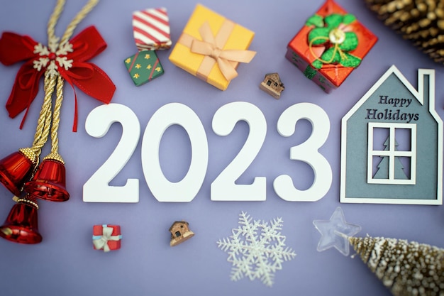 Tarjeta de felicitación de Navidad 2023 Tiempo de vacaciones Feliz Año Nuevo Espacio para texto Vista desde arriba plano