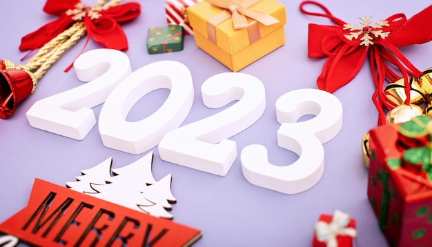 Tarjeta de felicitación de Navidad 2023 Tiempo de vacaciones Feliz Año Nuevo Espacio para texto Vista desde arriba plano