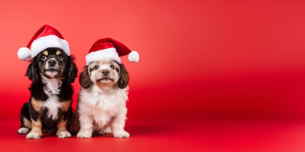 Foto tarjeta de felicitación de navidad y año nuevo perro con sombrero de papá noel aislado sobre fondo rojo