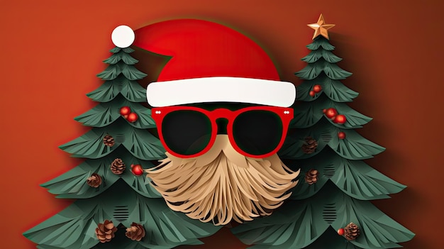 Tarjeta de felicitación de Navidad con un bigote de barba de Papel Santa Claus y sombrero de Navidad contra un telón de fondo en el estilo moderno de corte de papel IA generativa