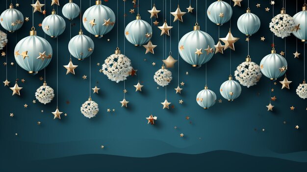 Tarjeta de felicitación de Navidad con una bola de Navidad realista y copos de nieve dorados
