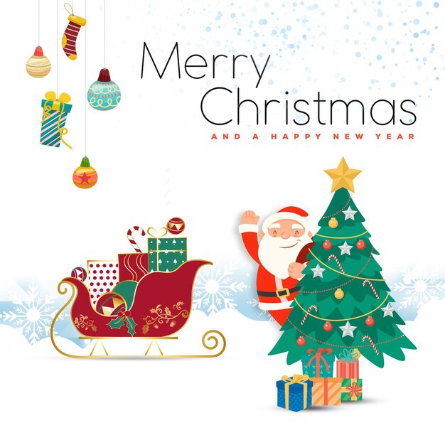 Foto tarjeta de felicitación de navidad con decoraciones festivas y regalos de navidad