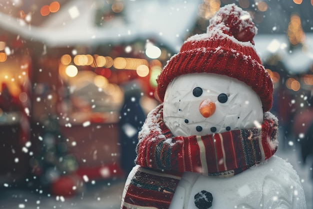 Tarjeta de felicitación de Navidad con hombre de nieve brillante de vacaciones de invierno y fondo de Año Nuevo