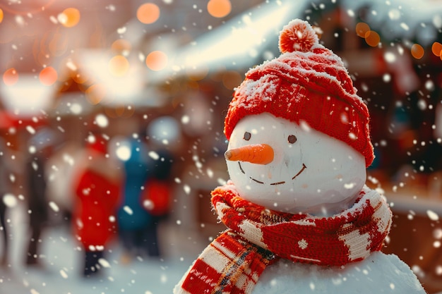Tarjeta de felicitación de Navidad con hombre de nieve brillante de vacaciones de invierno y fondo de Año Nuevo