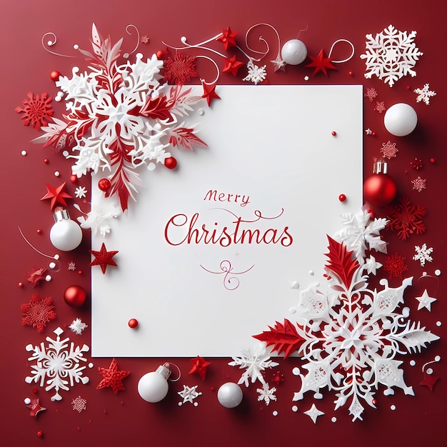 Una tarjeta de felicitación navideña con copos de nieve rojos y blancos.