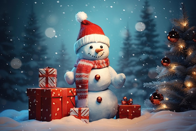 Tarjeta de felicitación navideña de invierno con un muñeco de nieve con regalos en el bosque nevado en el árbol de Navidad
