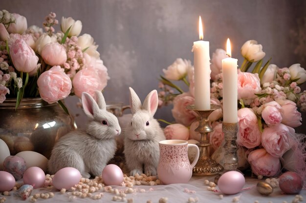 Tarjeta de felicitación de Pascua con conejitos lindos ramo de peonías velas huevos de Pascua y decoraciones AI gen