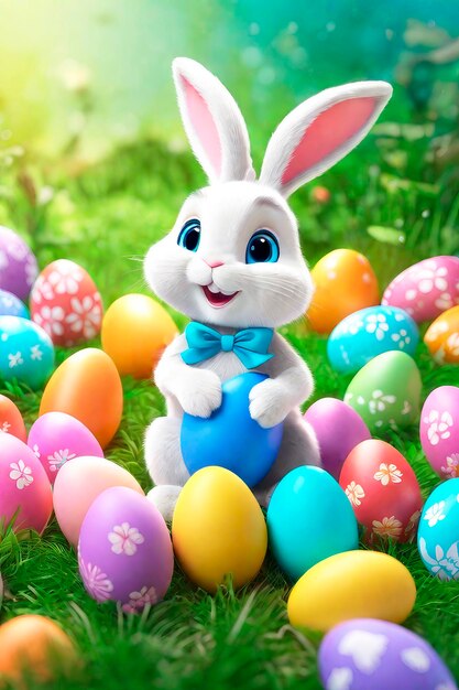 Tarjeta de felicitación de Pascua Conejo huevos coloridos y flores 3d render ilustración moderna