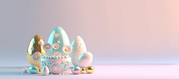 Tarjeta de felicitación de Pascua con huevos y flores en 3D para promoción