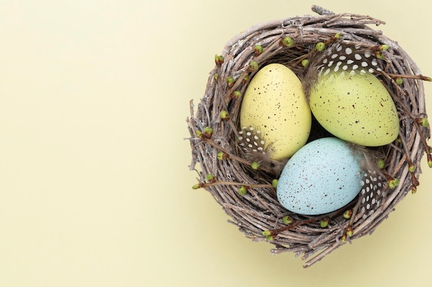 Tarjeta de felicitación de Pascua Huevos de Pascua en el nido