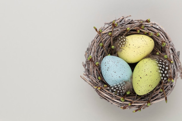 Tarjeta de felicitación de Pascua Huevos de Pascua en el nido