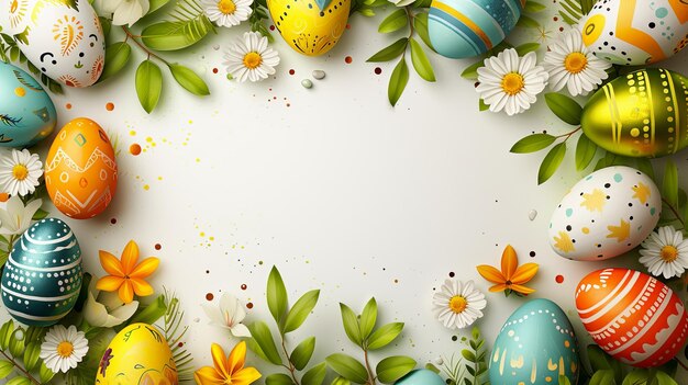 Tarjeta de felicitación de Pascua con marco de huevos coloridos en fondo blanco espacio de copia