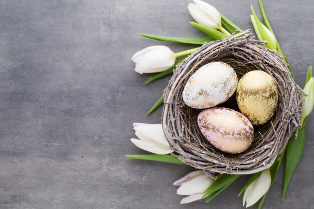 Tarjeta de felicitación de primavera. Huevos de Pascua en el nido. Tulipanes de flores de primavera.