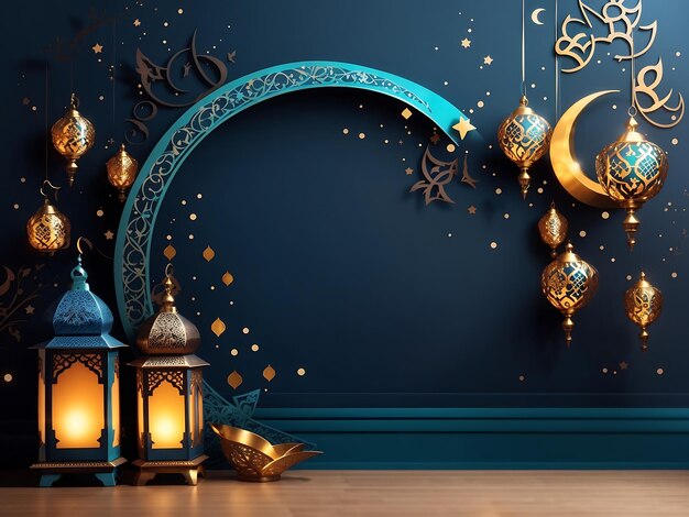 Tarjeta de felicitación de Ramadán con decoración de luna creciente y linternas con banner de área de espacio de copia Ai