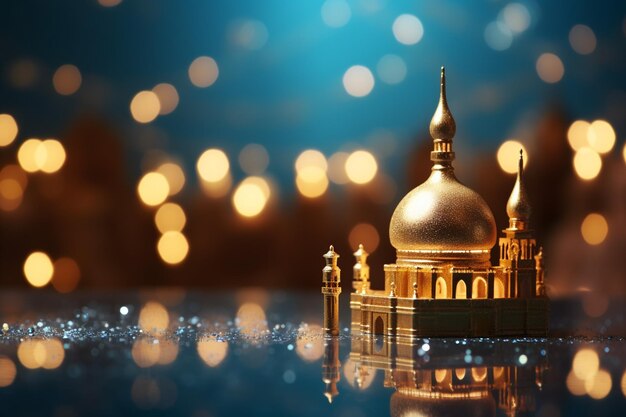 Tarjeta de felicitación de Ramadan Kareem con mezquita y luces bokeh