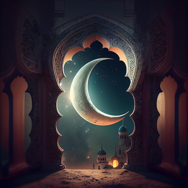 Tarjeta de felicitación de Ramadán Kareem con representación 3D de mezquita y luna creciente