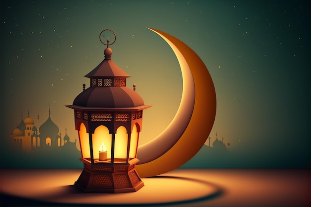 Tarjeta de felicitación de ramadán karim con un sereno fondo de mezquita con una hermosa linterna brillante