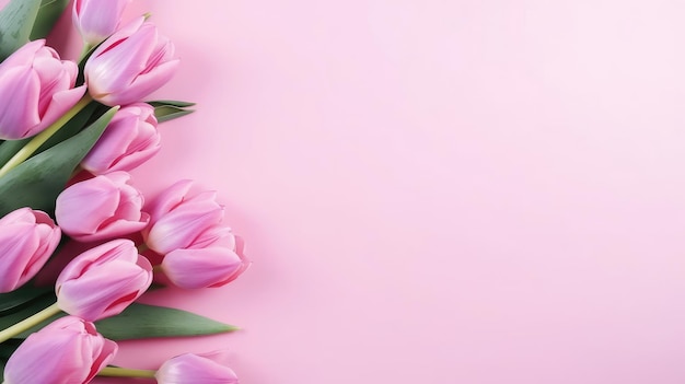 Tarjeta de felicitación de ramo de tulipanes rosados sobre un fondo rosa pastel con espacio para copiar