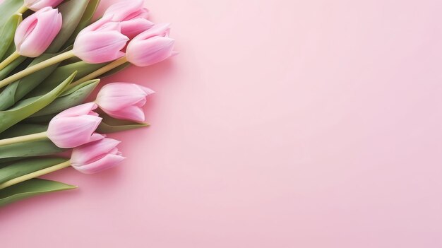 Tarjeta de felicitación de ramo de tulipanes rosados sobre un fondo rosa pastel con espacio para copiar