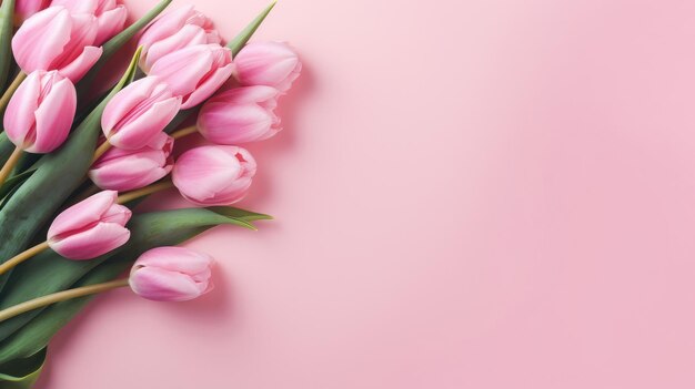 Tarjeta de felicitación de ramo de tulipanes rosas sobre un fondo rosa pastel con espacio para copiar