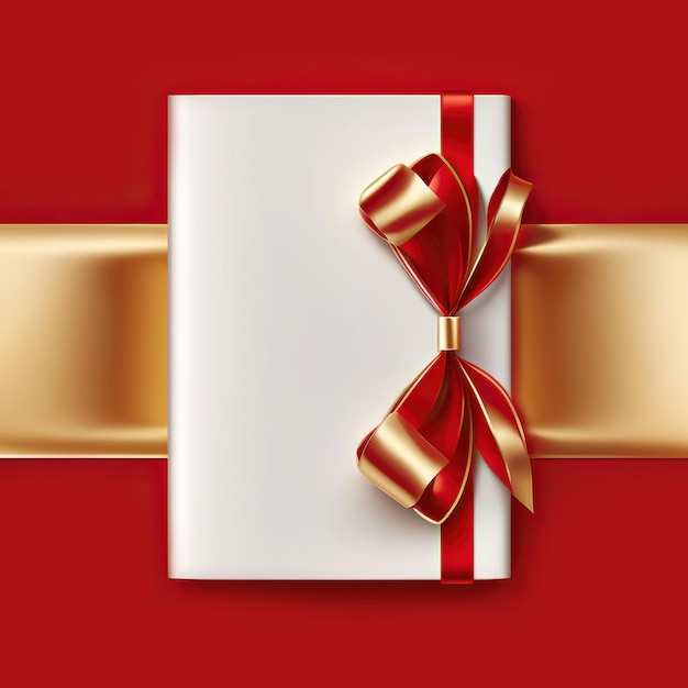 Tarjeta de felicitación de regalo en blanco con cinta dorada brillante arco fondo rojo Copia espacio 3d render