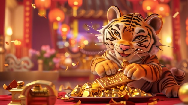 Foto esta tarjeta de felicitación representa a un tigre patinando sobre lingotes de oro con una gran cantidad de fortuna detrás de él enviando auspicios para el año nuevo en el lado izquierdo y una copla de primavera en el lado derecho
