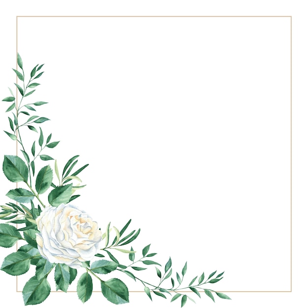 Tarjeta de felicitación con rosa blanca y vegetación rústica Marco cuadrado de acuarela Ilustración dibujada a mano
