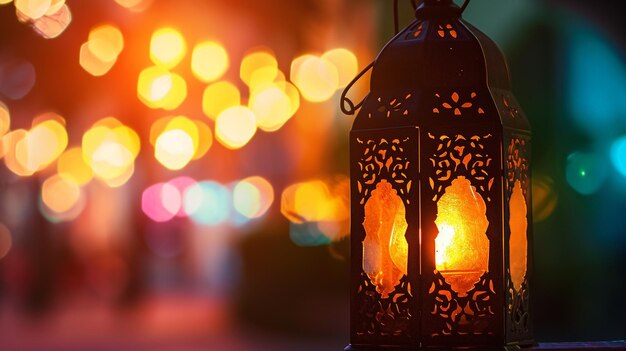 Tarjeta de felicitación de temporada Linterna de Ramadán encendida durante el tiempo de Ramadá Generativo Ai