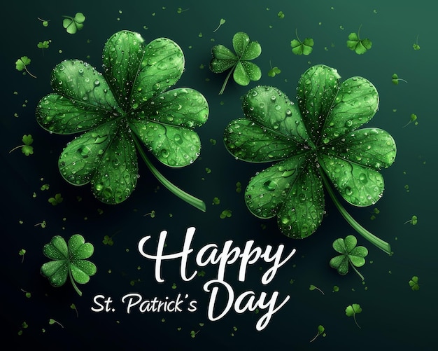 Tarjeta de felicitación con texto Feliz día de San Patricio estilo verde fondo negro trébol cultura irlandesa